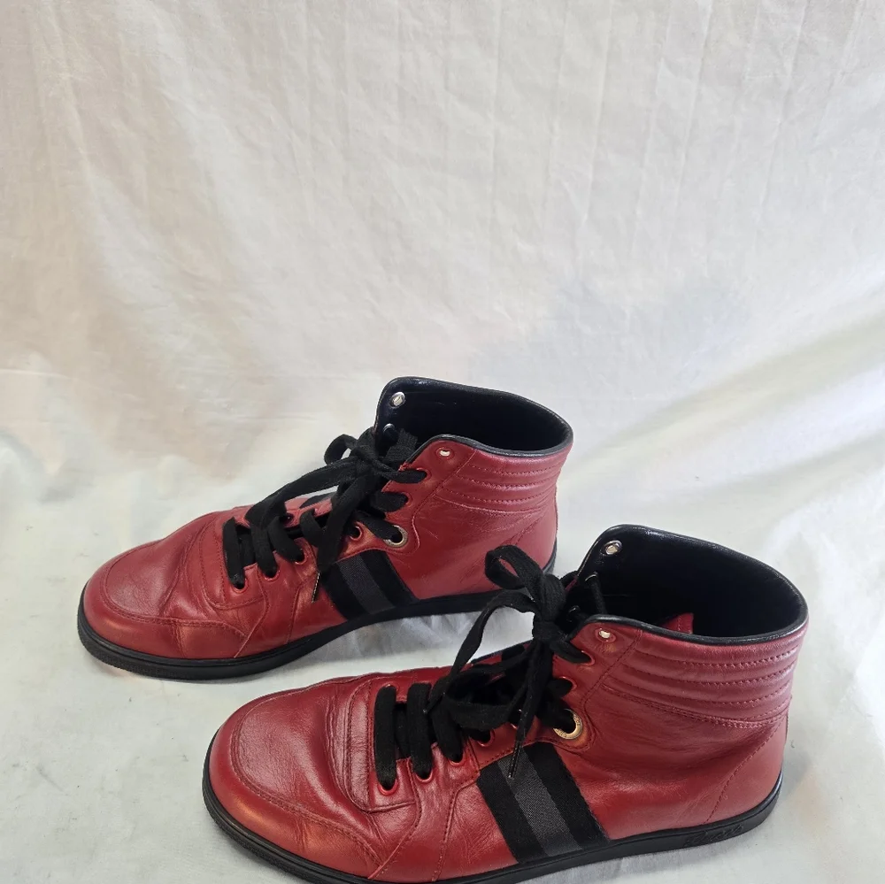 GUCCI VIAGGIO Men’s 8G Red GG Web Red Leather High Top Shoes Coda Sneakers
